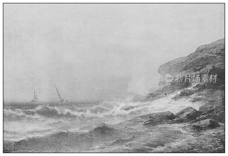 19世纪的古董名画:F . M . H . De Haas的新英格兰海岸